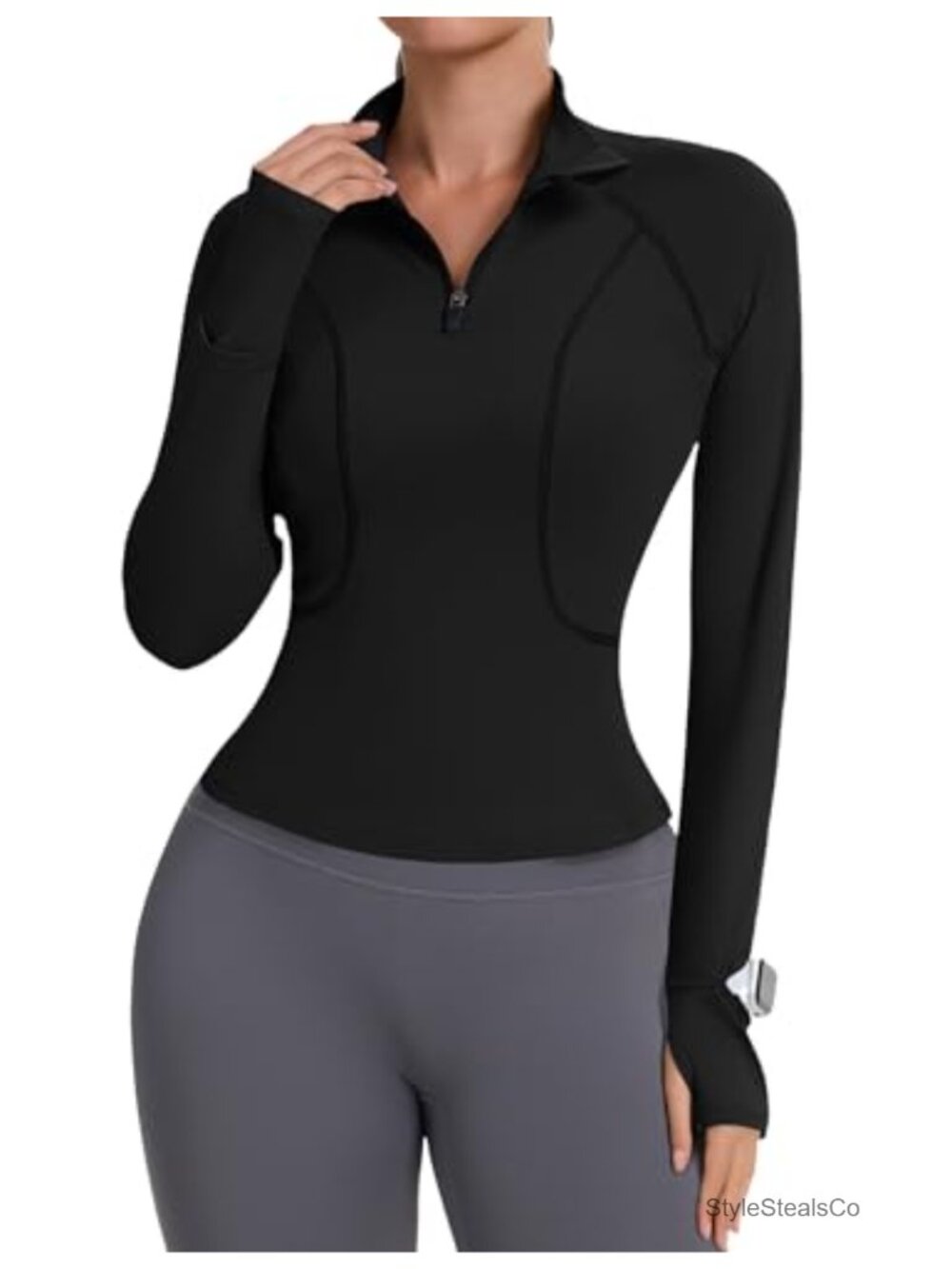 Women's Long Sleeve Quarter Zip Crop Top Quick Dry Athletic Polo with Thumb